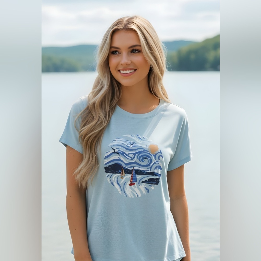 Light Blue‎ Graphic T-Shirt with Sailboat Design